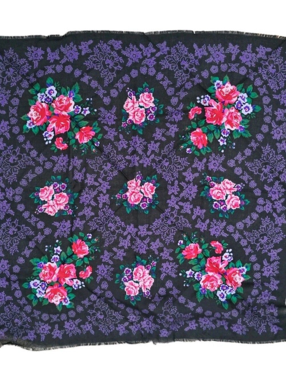 Black Floral Square Scarf with Purple Patterning